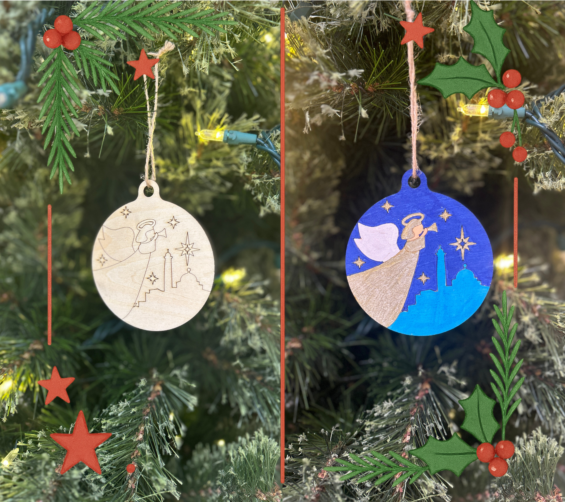 Two Christmas tree ornaments with angel designs hanging on a decorated tree.