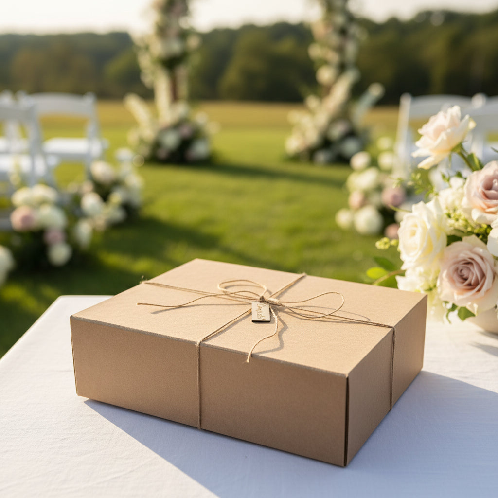 Personalized laser-engraved wedding gift box set for couples, handmade in Santa Cruz with charcuterie board and coasters