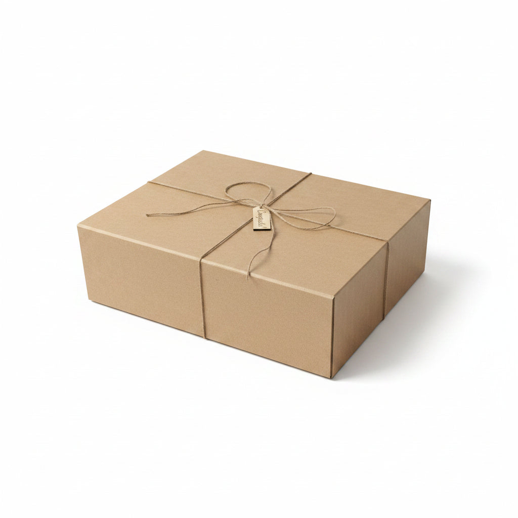 Personalized wedding gift box wrapped in kraft paper with twine and gift tag, ready to give to newlyweds