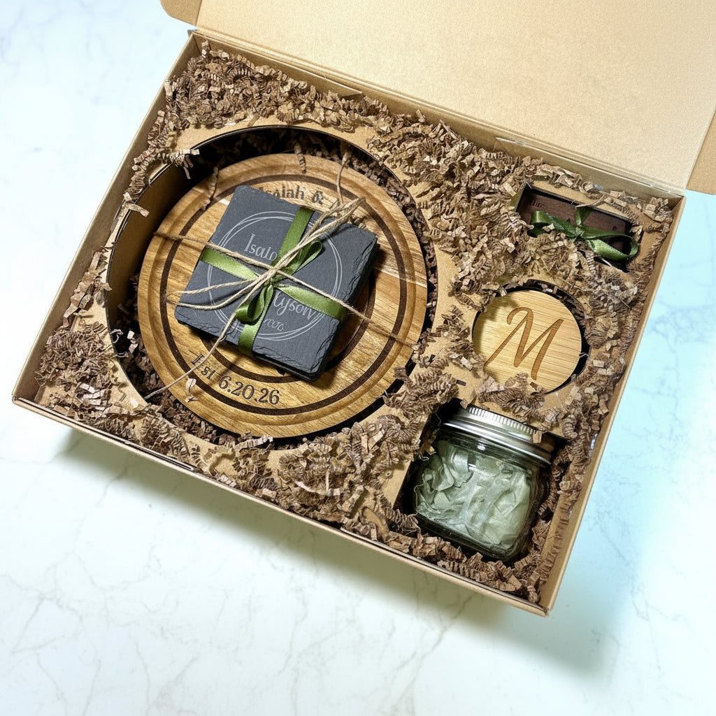 Custom laser-engraved wedding gift set with charcuterie board, slate coaster and keepsakes in a kraft box