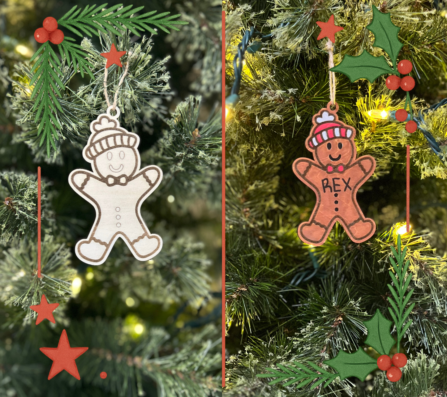 Two gingerbread man ornaments on a Christmas tree with greenery and lights.