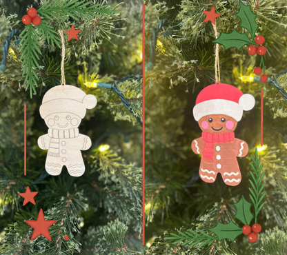 Two Christmas ornaments on a tree, one white and one gingerbread man, with greenery and lights in the background.