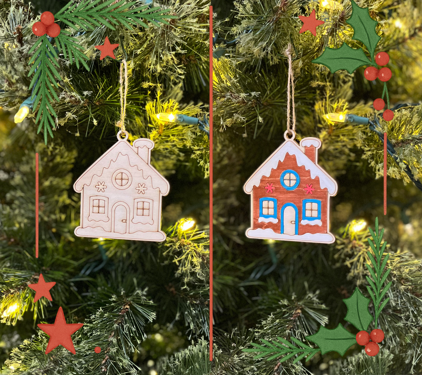 Two gingerbread house ornaments hanging on a Christmas tree with lights and decorations.