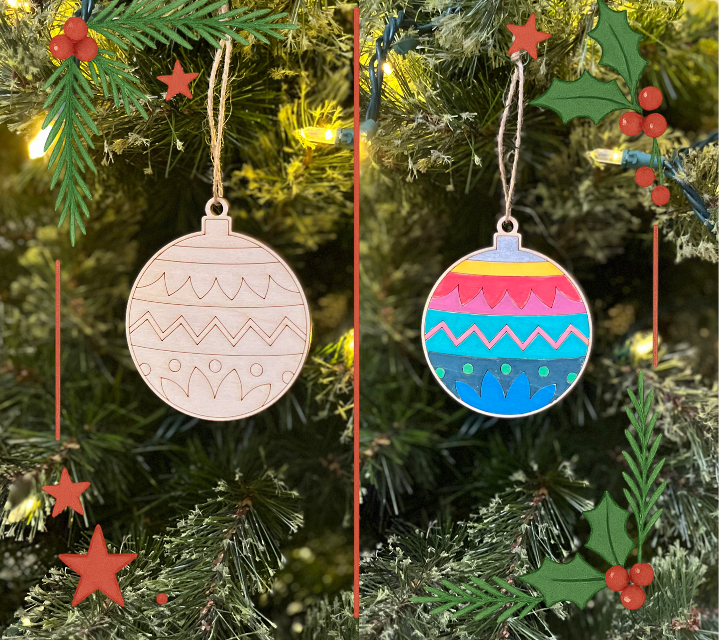 Two wooden Christmas ornaments with geometric patterns hanging on a decorated tree.