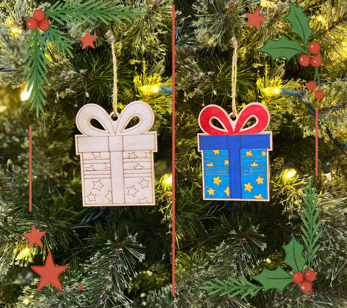 Two Christmas tree ornaments shaped like presents hanging on a decorated tree.