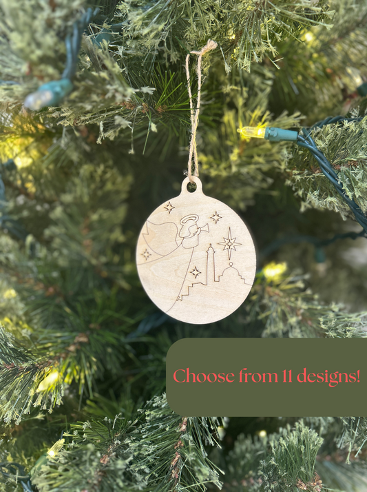 Decorative Christmas ornament hanging on a tree with a text overlay.