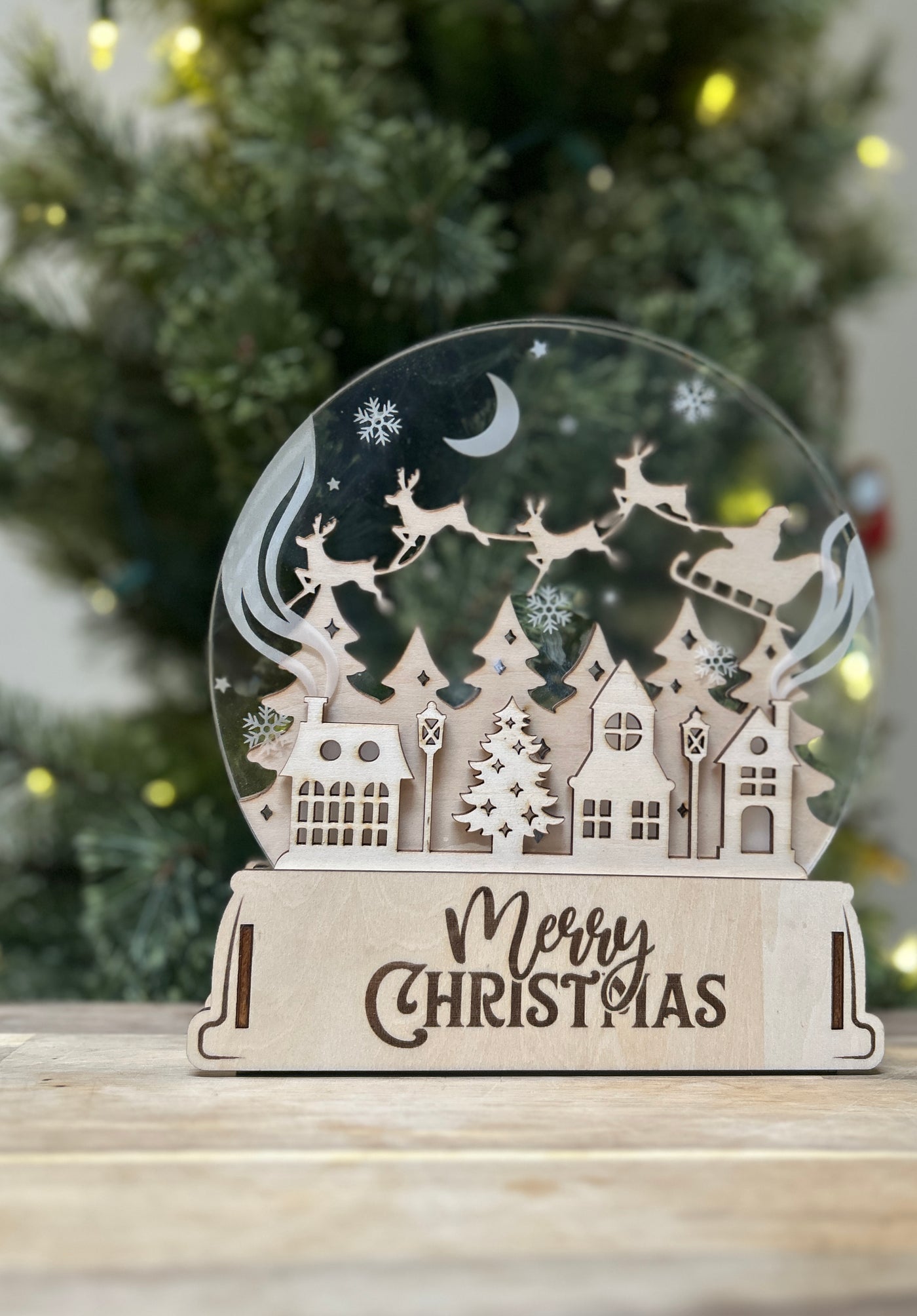 2D Wooden Merry Christmas Snow Globe