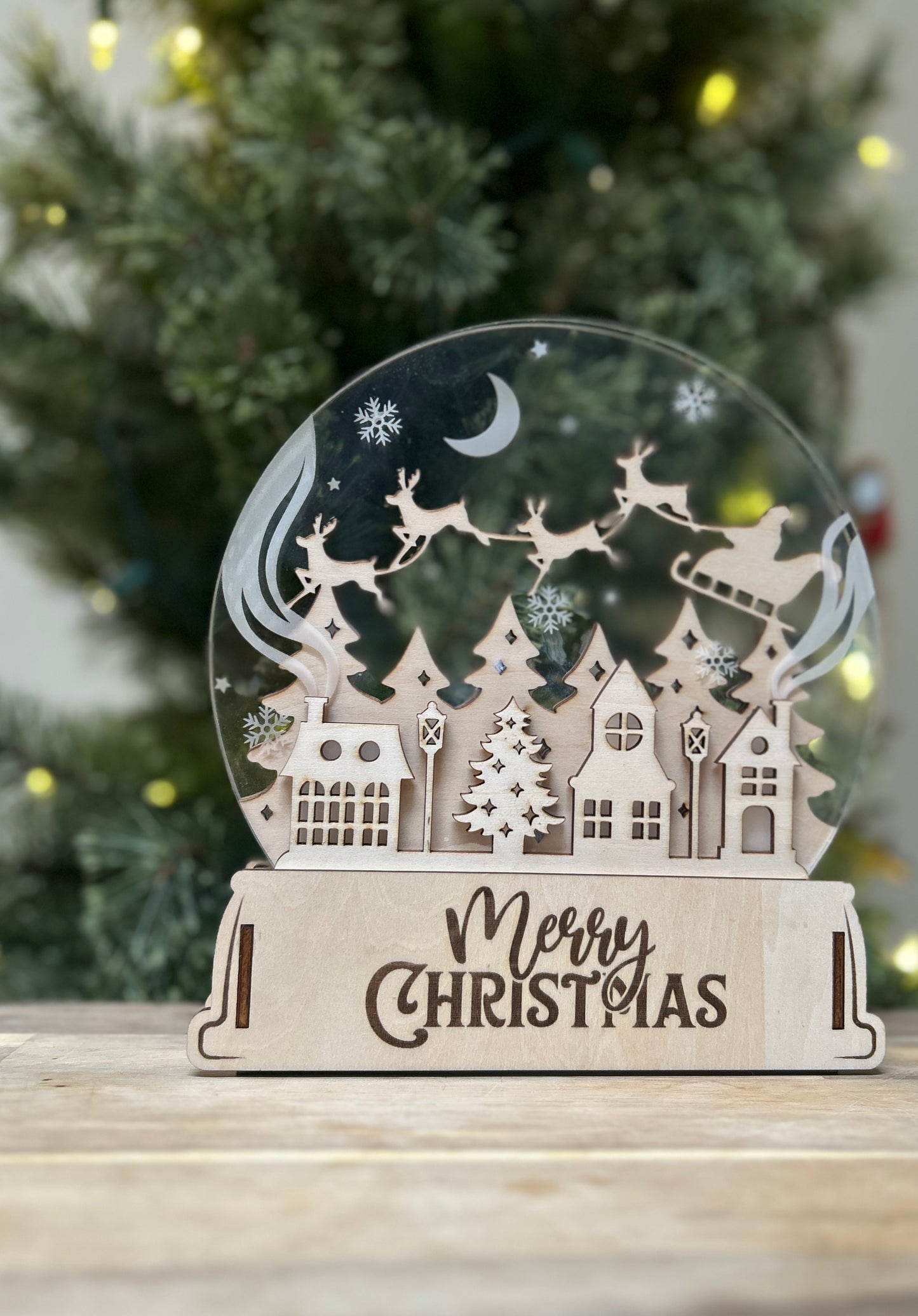 2D Wooden Merry Christmas Snow Globe