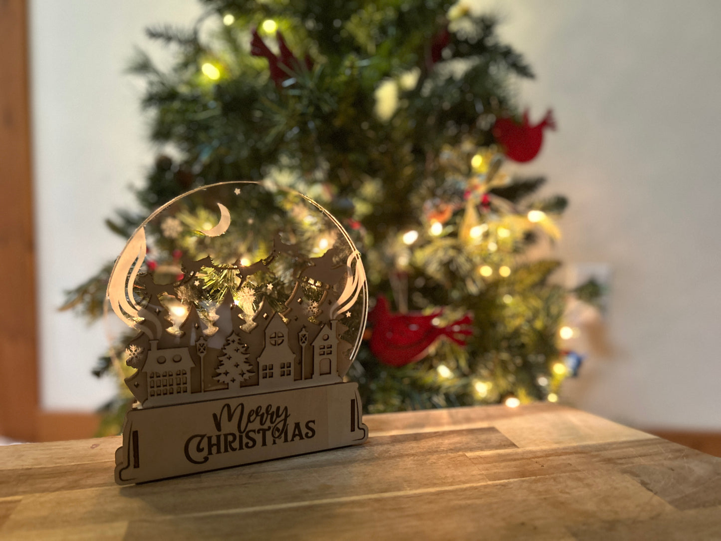 2D Wooden Merry Christmas Snow Globe