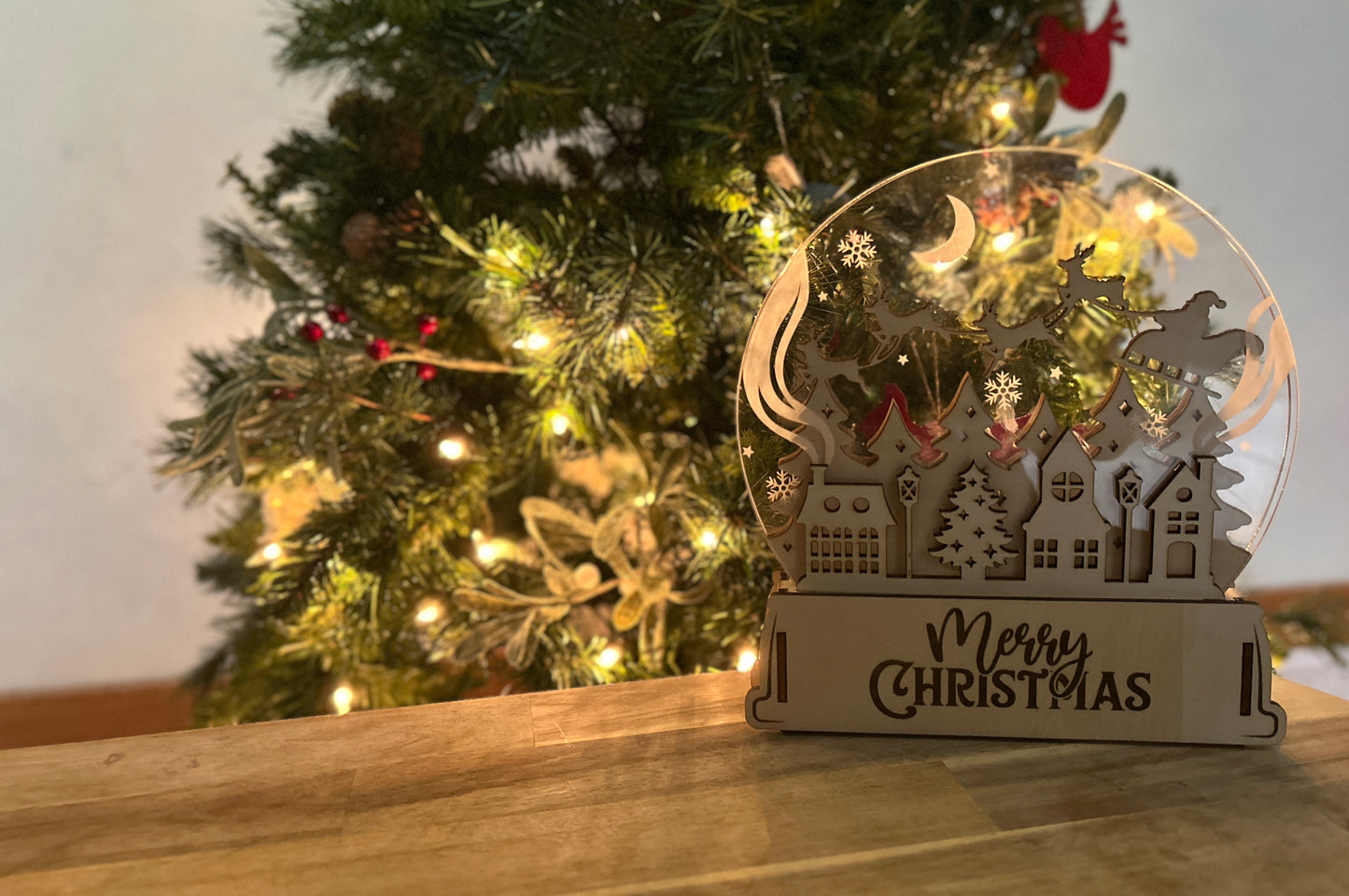 2D Wooden Merry Christmas Snow Globe