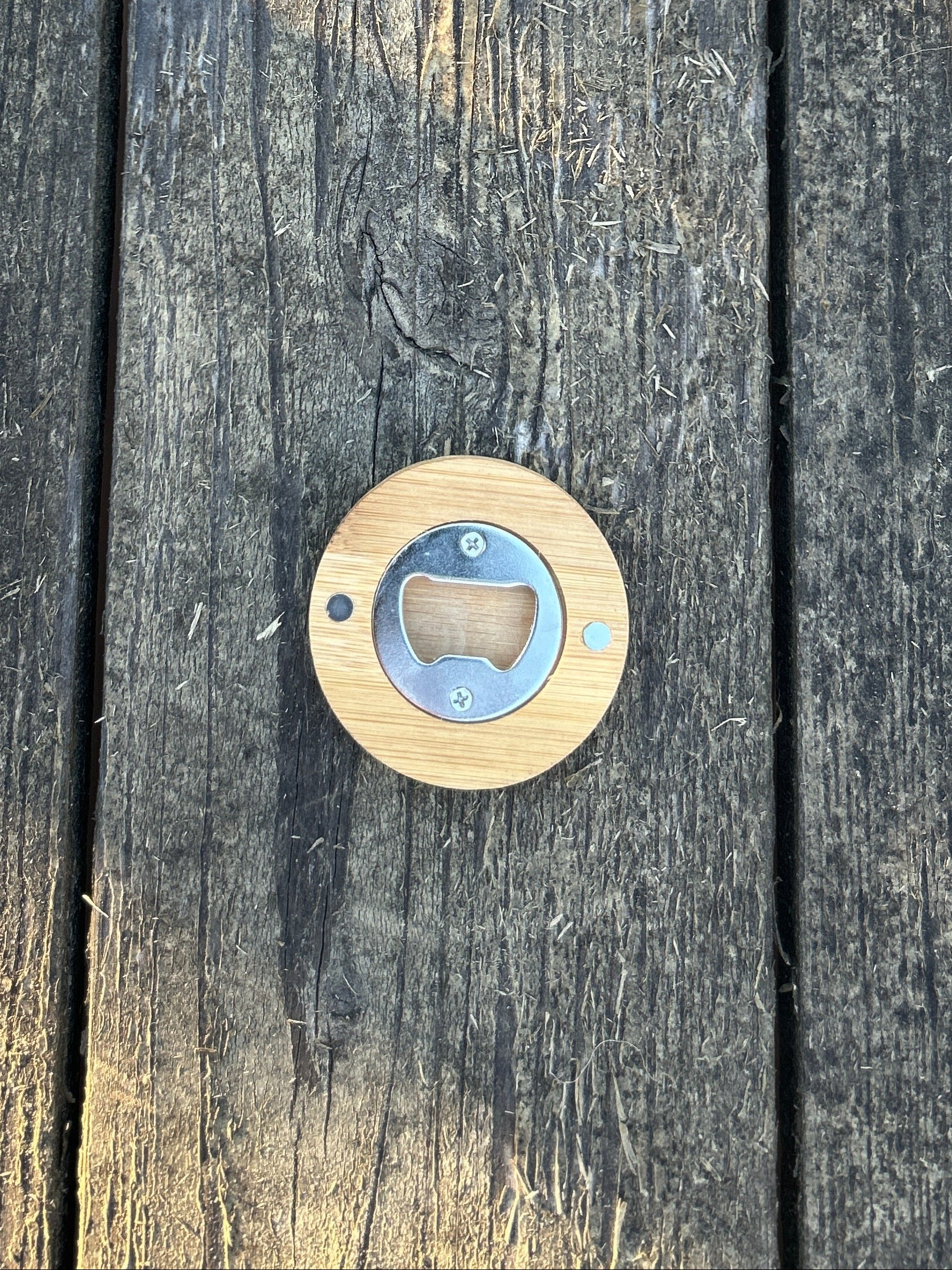round wooden bottle opener with a magnet