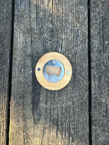 round wooden bottle opener with a magnet