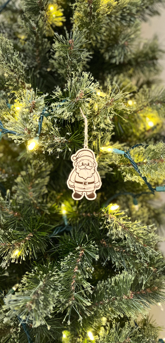 Decorative Santa Claus ornament hanging on a Christmas tree with lights.